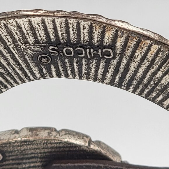 Chicos Brown Adjustable Leather Belt With Textured Silver & Gold Tone Metal Buck - Picture 11 of 16